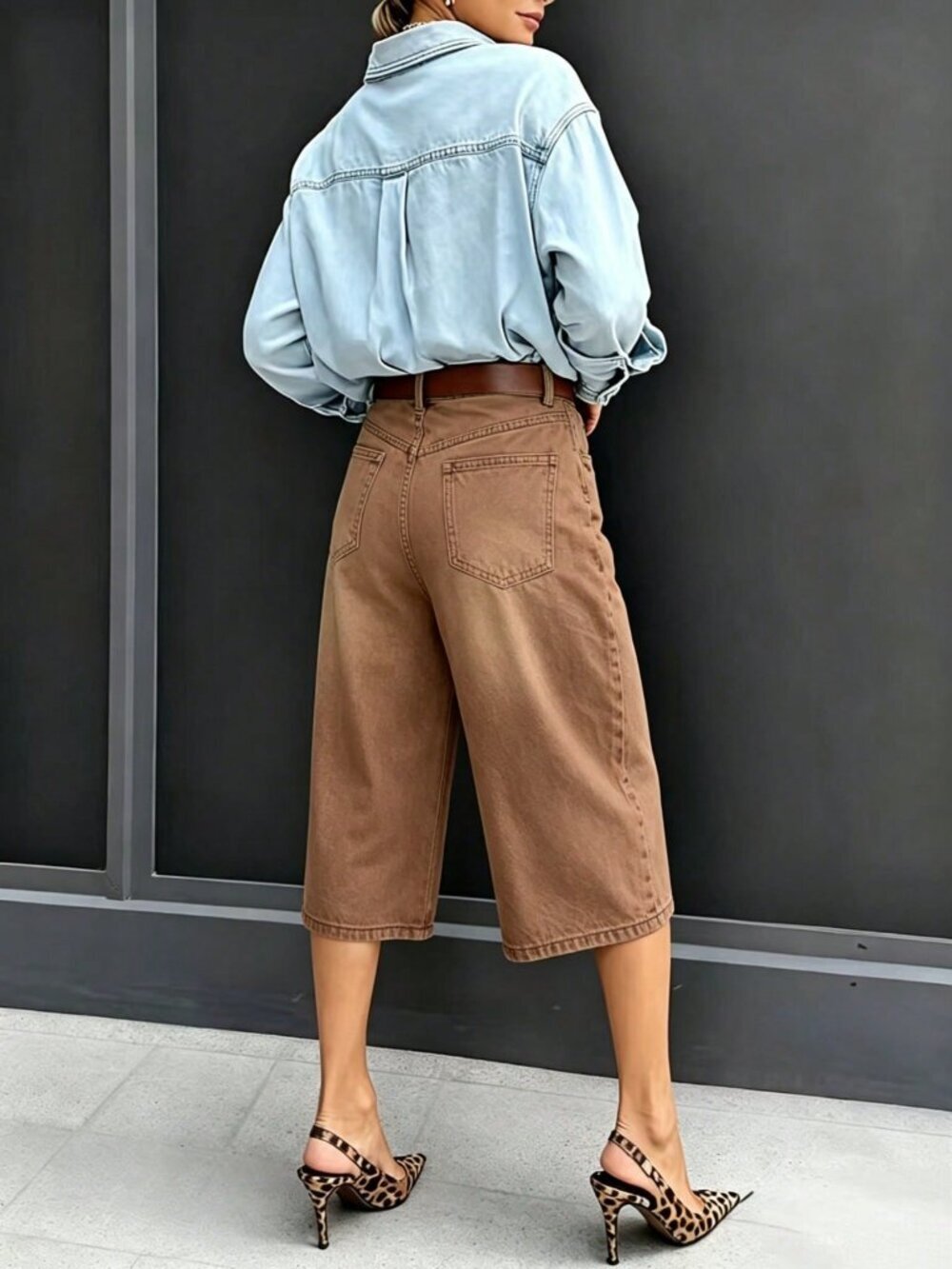 brown Women's Casual Denim Bermuda Shorts with Pockets - Picture 2 of 6